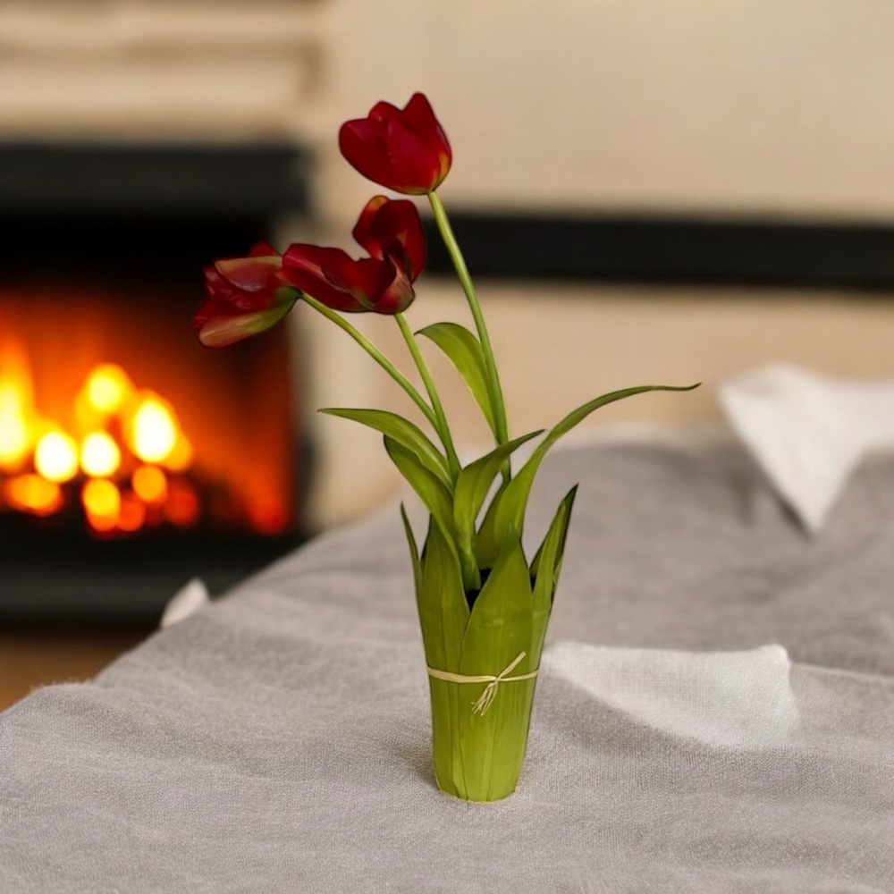 Elegant Red Faux Tulips in Green Leafy Vase - 21” Tall